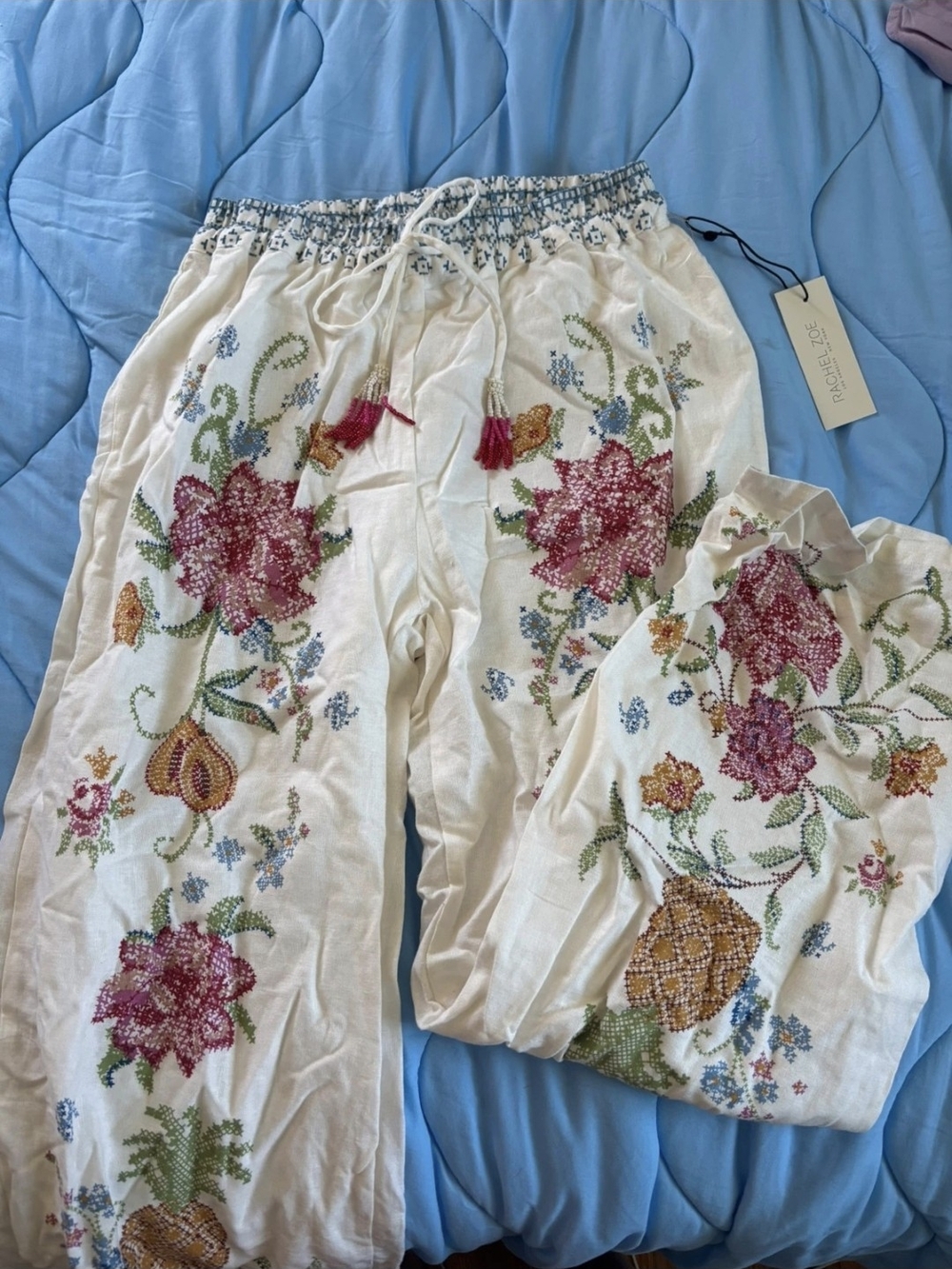 Rachel Zoe Cream Wide-Leg Embroidered Linen Pants - Picture 9 of 9